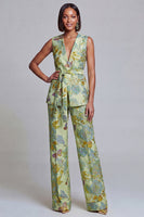 Load image into Gallery viewer, 2 Piece Floral Navy Pink V-Neck Prom Suits