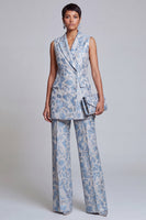 Load image into Gallery viewer, 2 Piece Floral Dusty Blue Peak Lapel Double Breasted Prom Suits