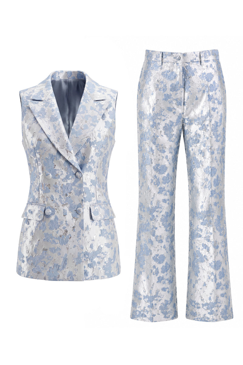Load image into Gallery viewer, 2 Piece Floral Dusty Blue Peak Lapel Double Breasted Prom Suits