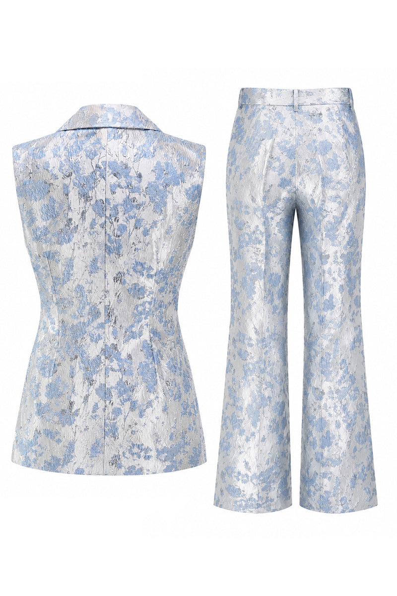 Load image into Gallery viewer, 2 Piece Floral Dusty Blue Peak Lapel Double Breasted Prom Suits