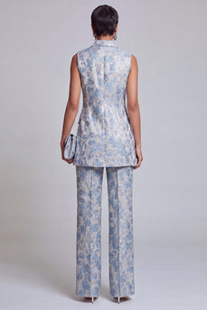 2 Piece Floral Dusty Blue Peak Lapel Double Breasted Prom Suits