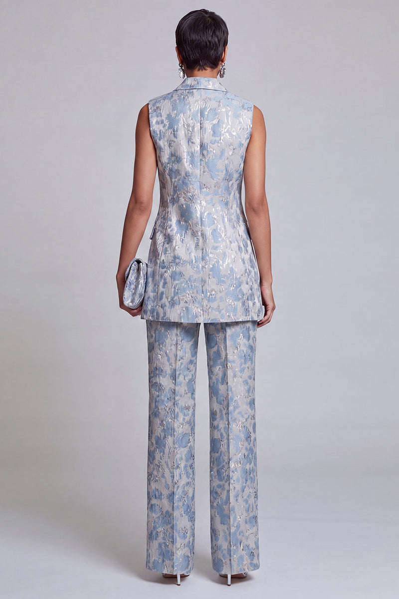 Load image into Gallery viewer, 2 Piece Floral Dusty Blue Peak Lapel Double Breasted Prom Suits