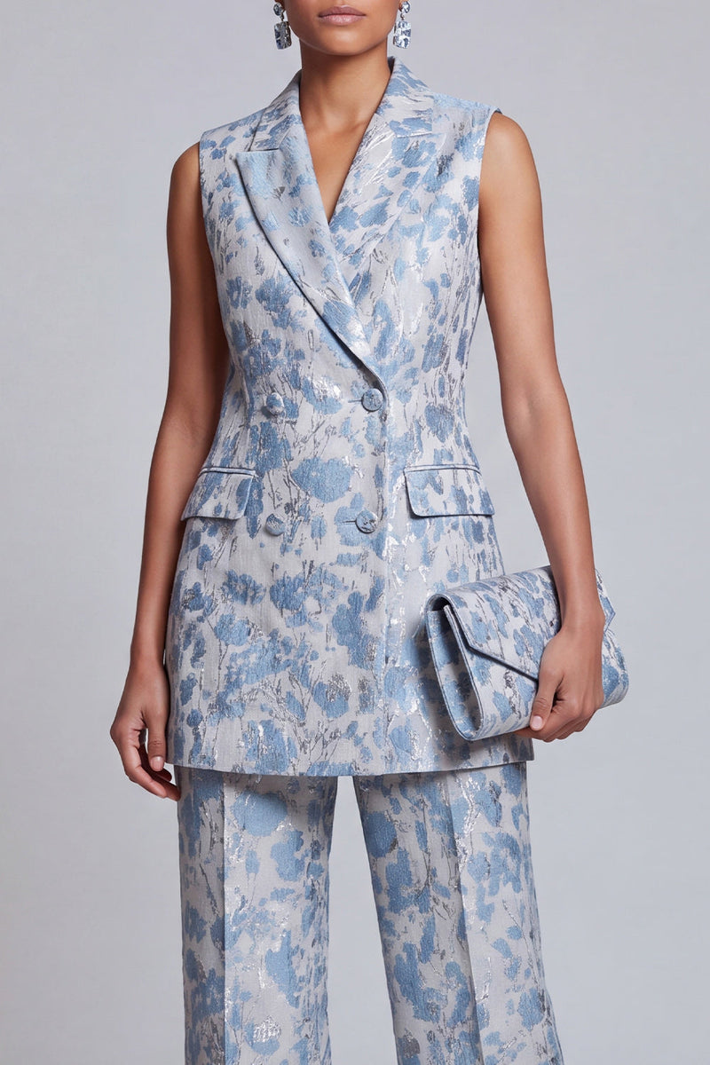 Load image into Gallery viewer, 2 Piece Floral Dusty Blue Peak Lapel Double Breasted Prom Suits