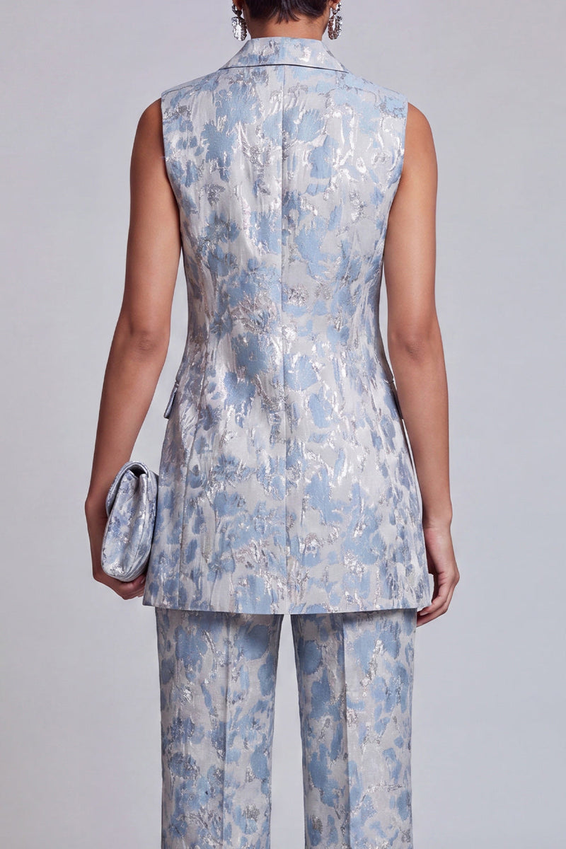 Load image into Gallery viewer, 2 Piece Floral Dusty Blue Peak Lapel Double Breasted Prom Suits