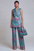 Load image into Gallery viewer, 2 Piece Floral Dusty Blue Peak Lapel Double Breasted Prom Suits