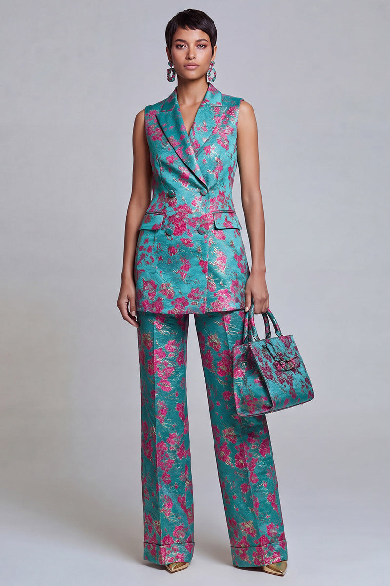 Load image into Gallery viewer, 2 Piece Floral Dusty Blue Peak Lapel Double Breasted Prom Suits