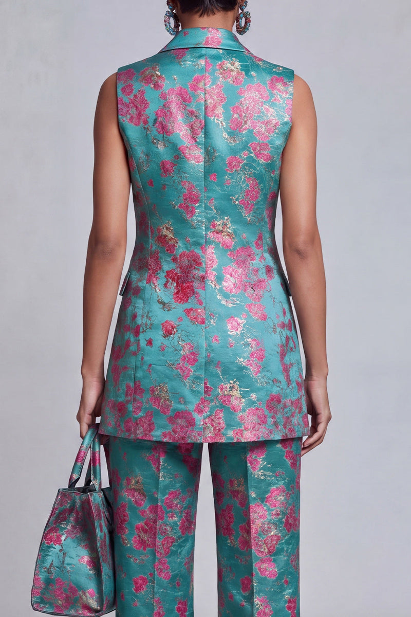 Load image into Gallery viewer, 2 Piece Floral Dusty Blue Peak Lapel Double Breasted Prom Suits