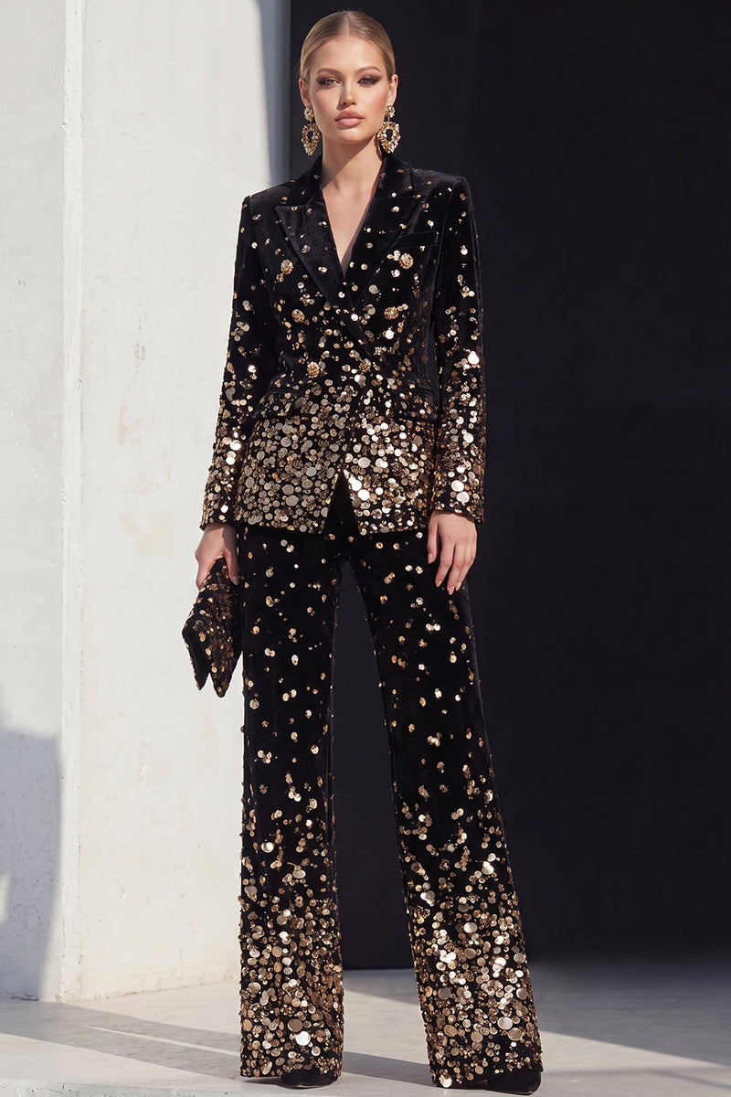 Load image into Gallery viewer, Sparkly Black Champagne Beaded Peak Lapel 2 Piece Prom Suits