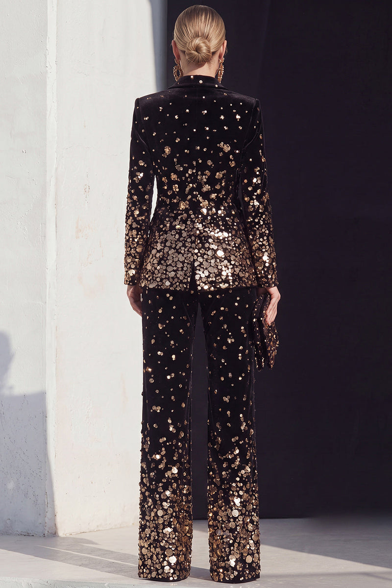 Load image into Gallery viewer, Sparkly Black Champagne Beaded Peak Lapel 2 Piece Prom Suits