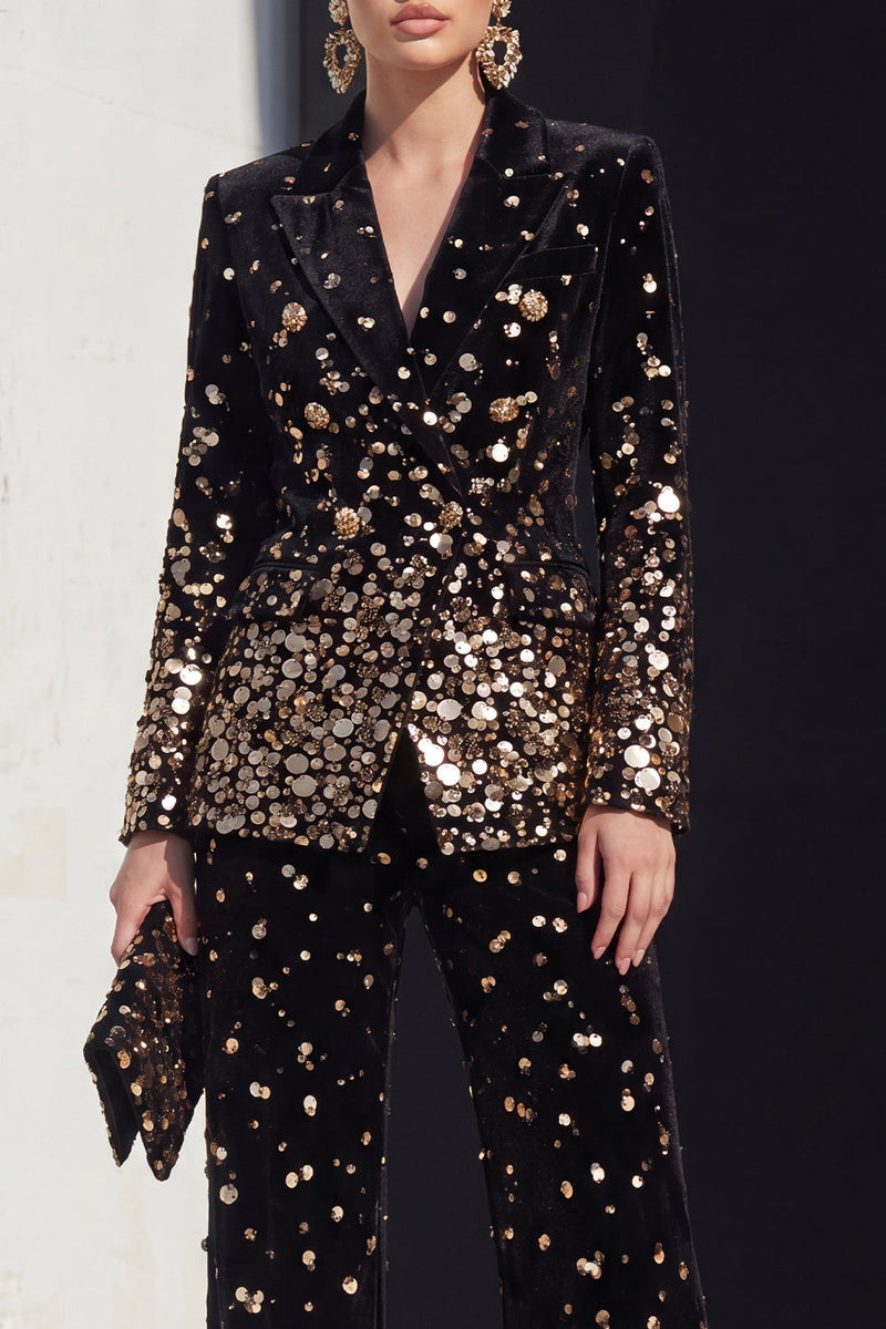 Load image into Gallery viewer, Sparkly Black Champagne Beaded Peak Lapel 2 Piece Prom Suits