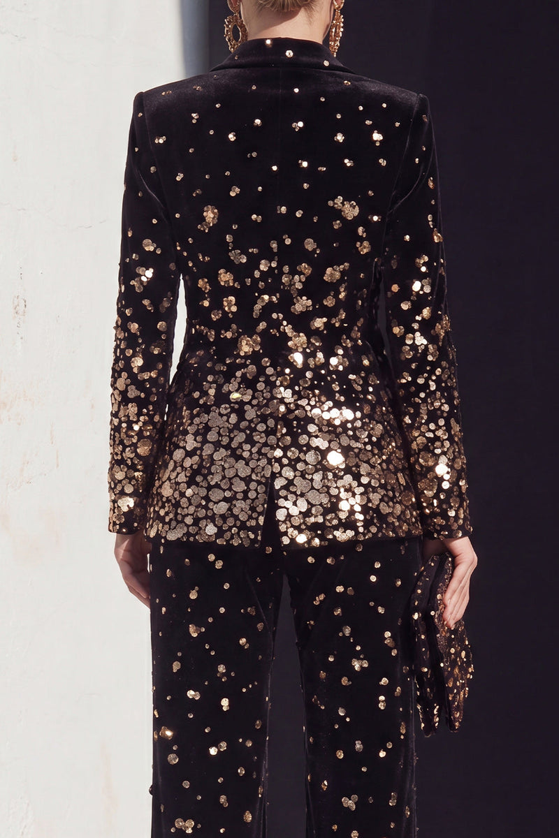 Load image into Gallery viewer, Sparkly Black Champagne Beaded Peak Lapel 2 Piece Prom Suits