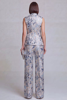 Grey Blue Flower Double Breasted Peak Lapel Prom Suits