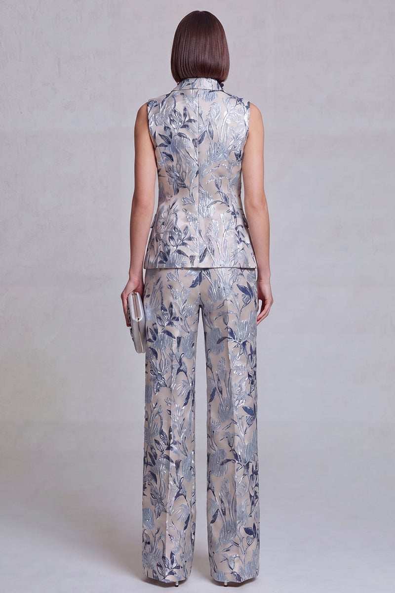 Load image into Gallery viewer, Grey Blue Flower Double Breasted Peak Lapel Prom Suits