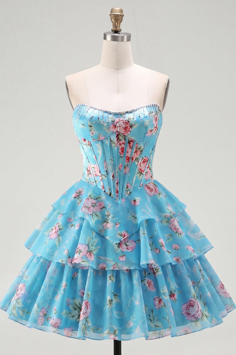 Load image into Gallery viewer, Yellow A Line Floral Strapless Corset Short Fringed Birthday Party Dress with Ruffles