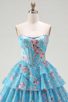 Load image into Gallery viewer, Yellow A Line Floral Strapless Corset Short Fringed Birthday Party Dress with Ruffles