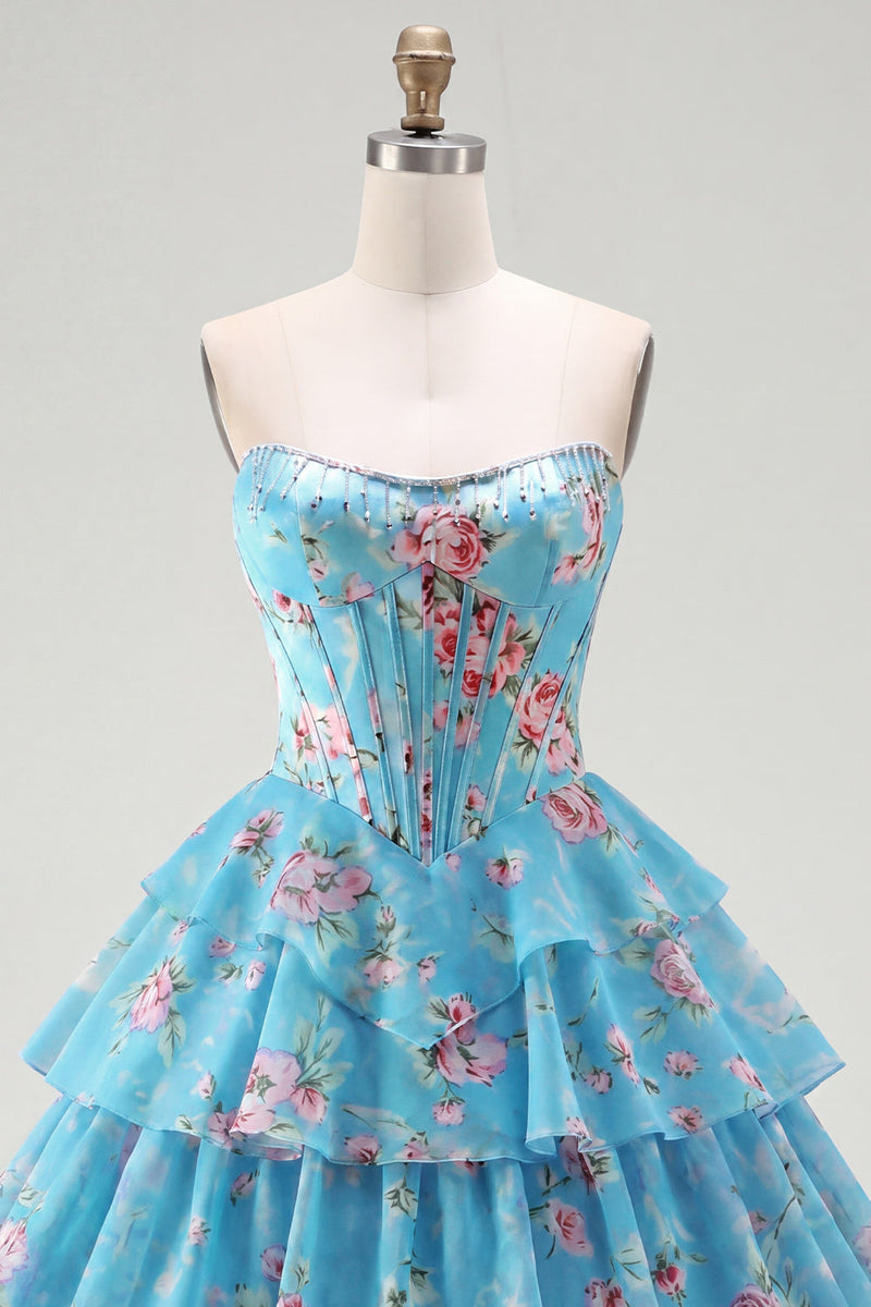 Load image into Gallery viewer, Yellow A Line Floral Strapless Corset Short Fringed Birthday Party Dress with Ruffles