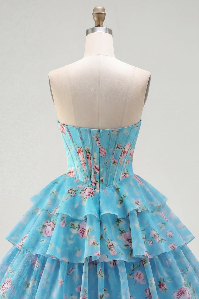 Load image into Gallery viewer, Yellow A Line Floral Strapless Corset Short Fringed Birthday Party Dress with Ruffles