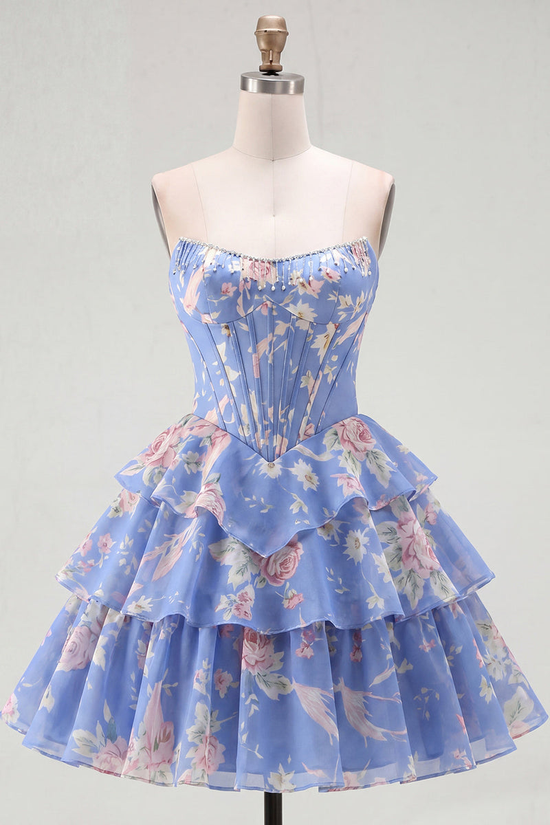Load image into Gallery viewer, Yellow A Line Floral Strapless Corset Short Fringed Birthday Party Dress with Ruffles