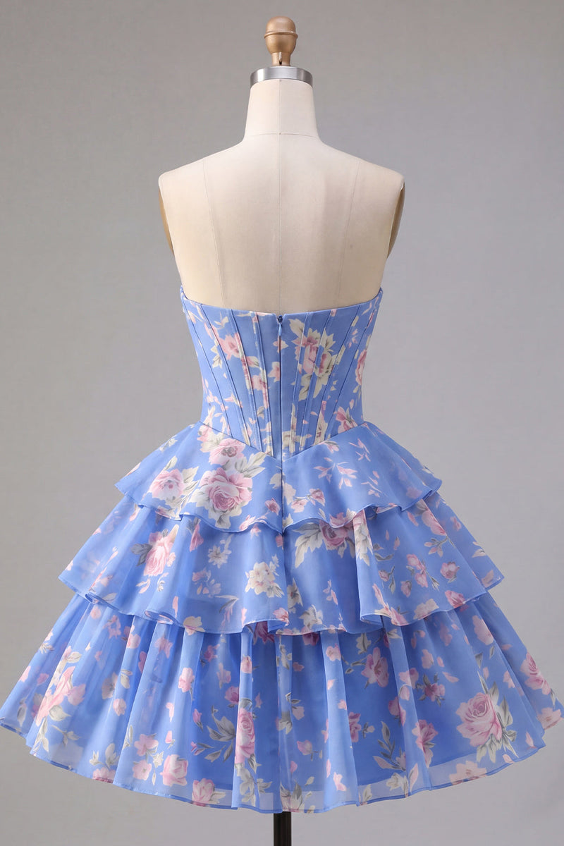 Load image into Gallery viewer, Yellow A Line Floral Strapless Corset Short Fringed Birthday Party Dress with Ruffles