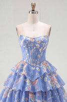 Load image into Gallery viewer, Yellow A Line Floral Strapless Corset Short Fringed Birthday Party Dress with Ruffles