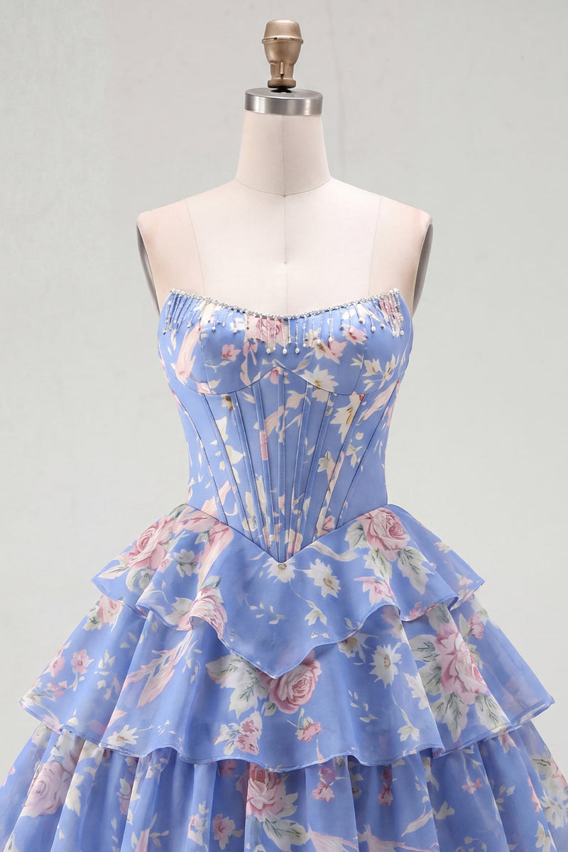 Load image into Gallery viewer, Yellow A Line Floral Strapless Corset Short Fringed Birthday Party Dress with Ruffles