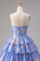 Load image into Gallery viewer, Yellow A Line Floral Strapless Corset Short Fringed Birthday Party Dress with Ruffles