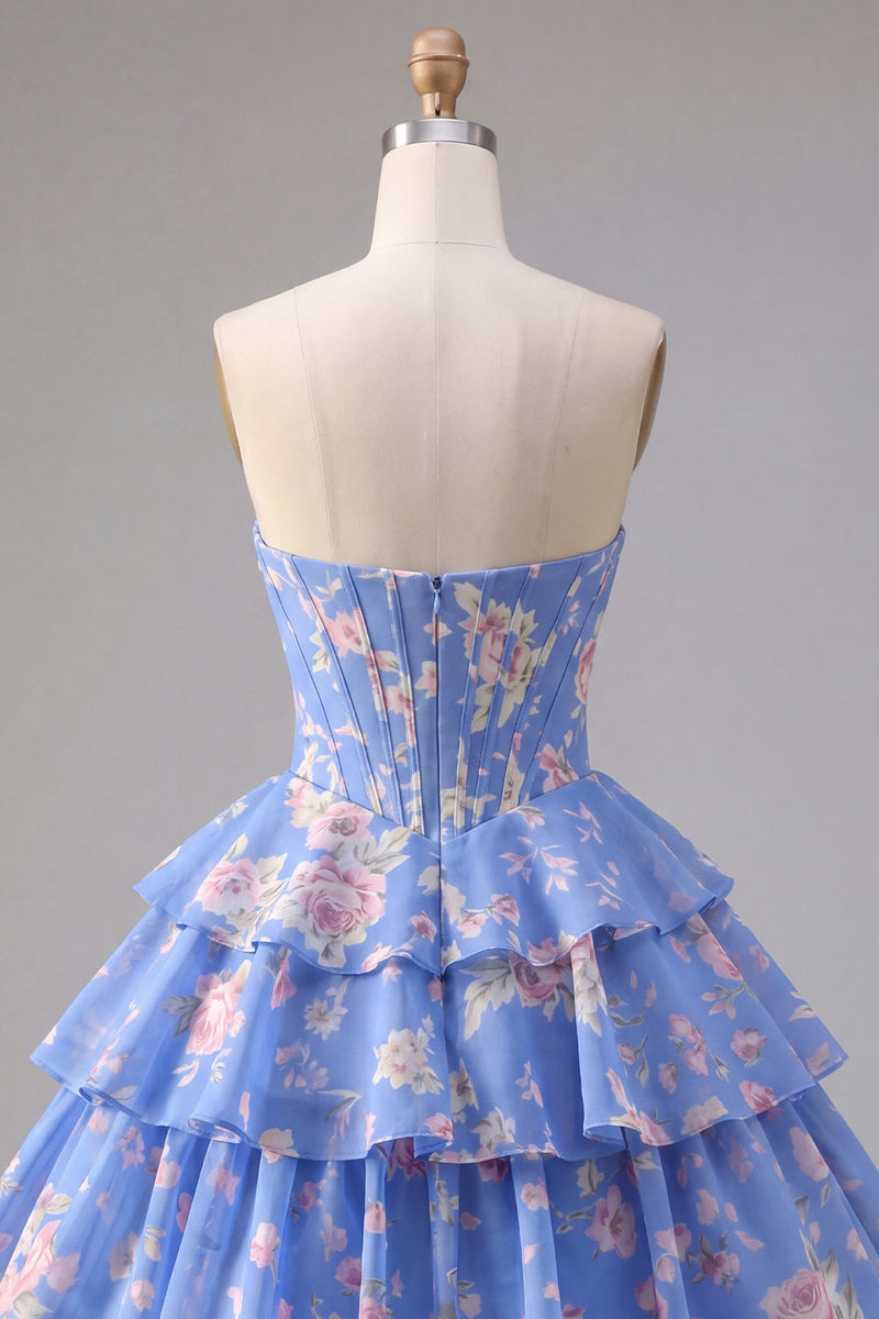 Load image into Gallery viewer, Yellow A Line Floral Strapless Corset Short Fringed Birthday Party Dress with Ruffles