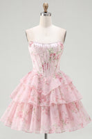 Load image into Gallery viewer, Yellow A Line Floral Strapless Corset Short Fringed Birthday Party Dress with Ruffles