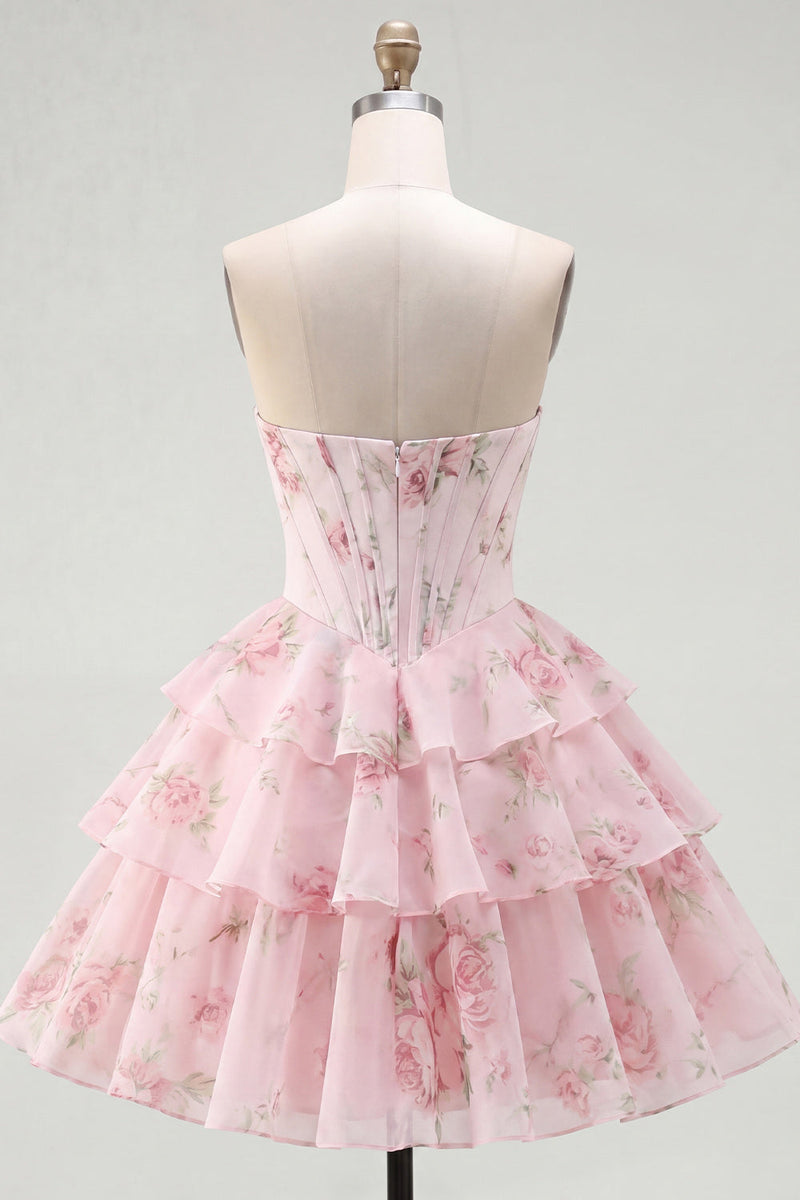 Load image into Gallery viewer, Yellow A Line Floral Strapless Corset Short Fringed Birthday Party Dress with Ruffles