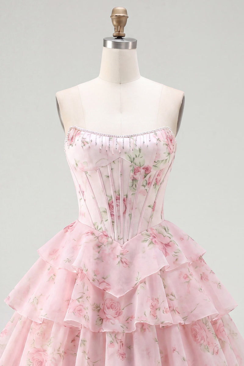 Load image into Gallery viewer, Yellow A Line Floral Strapless Corset Short Fringed Birthday Party Dress with Ruffles