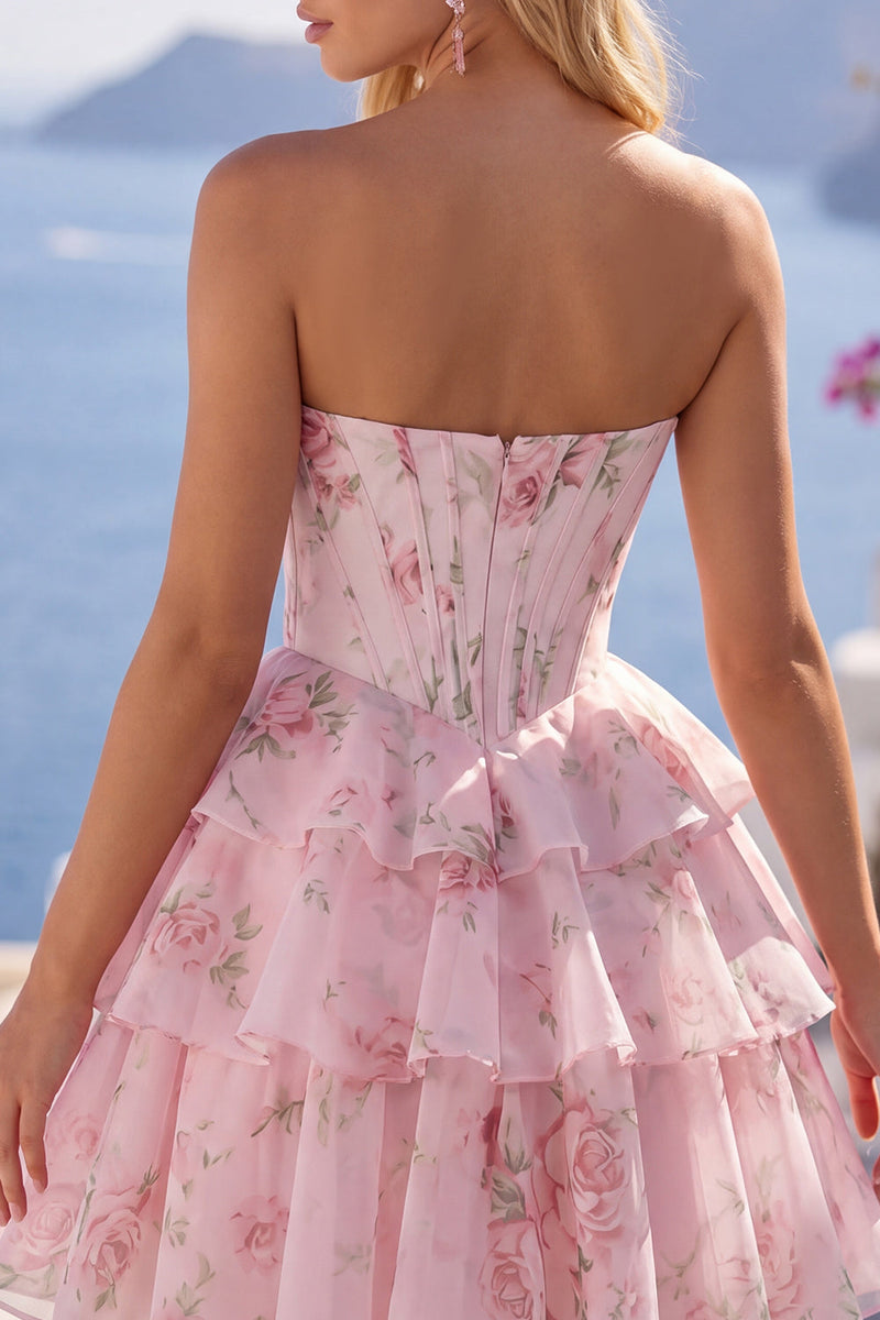 Load image into Gallery viewer, Yellow A Line Floral Strapless Corset Short Fringed Birthday Party Dress with Ruffles