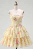 Load image into Gallery viewer, Yellow A Line Floral Strapless Corset Short Fringed Birthday Party Dress with Ruffles