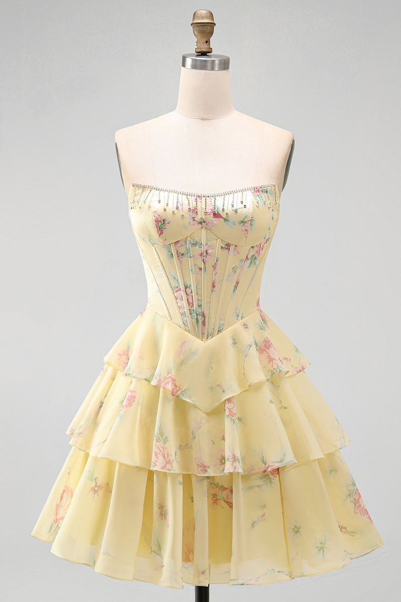 Load image into Gallery viewer, Yellow A Line Floral Strapless Corset Short Fringed Birthday Party Dress with Ruffles