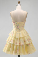 Load image into Gallery viewer, Yellow A Line Floral Strapless Corset Short Fringed Birthday Party Dress with Ruffles