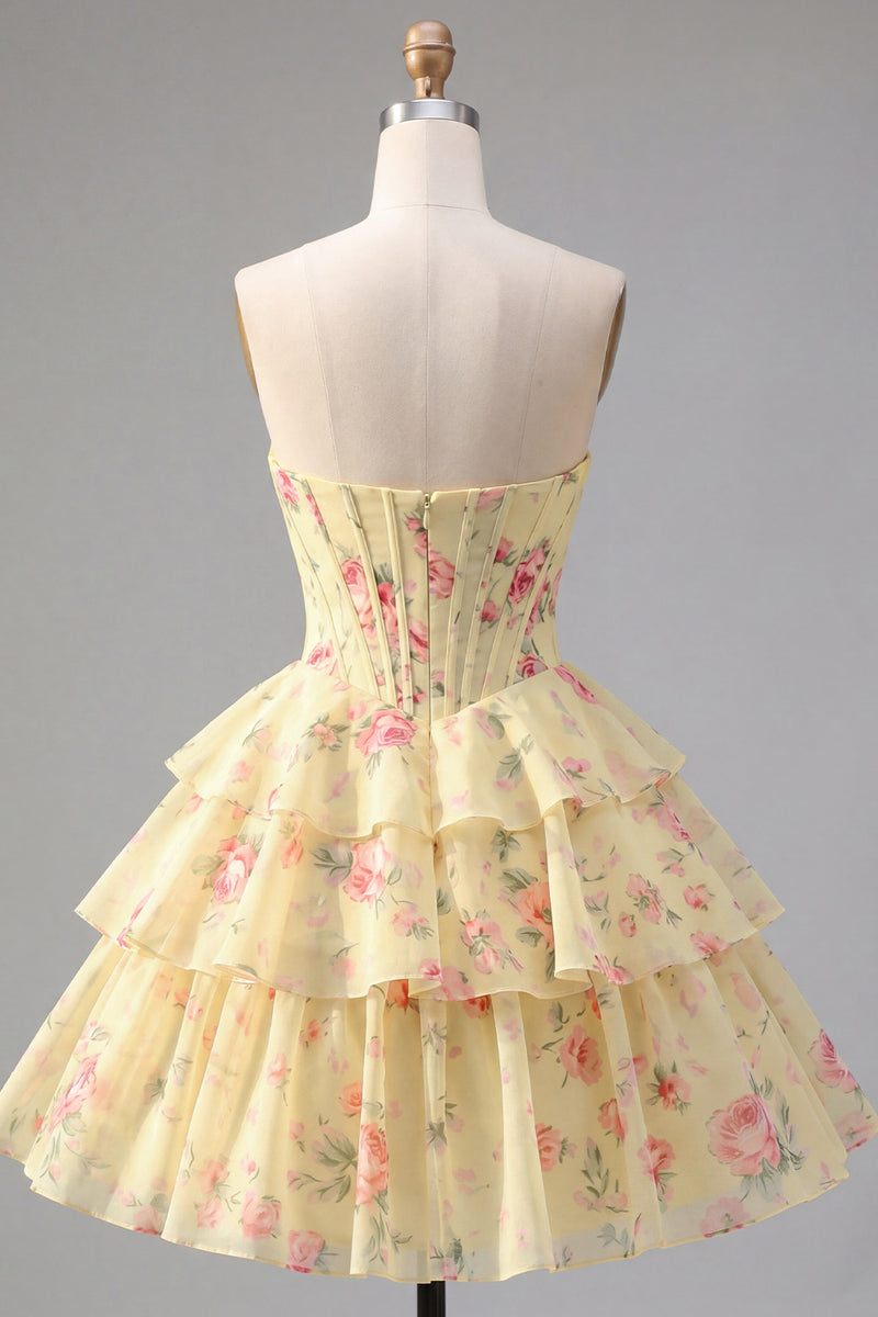 Load image into Gallery viewer, Yellow A Line Floral Strapless Corset Short Fringed Birthday Party Dress with Ruffles