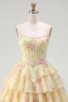 Load image into Gallery viewer, Yellow A Line Floral Strapless Corset Short Fringed Birthday Party Dress with Ruffles