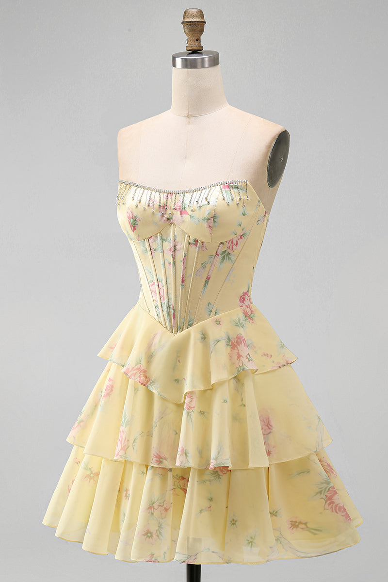 Load image into Gallery viewer, Yellow A Line Floral Strapless Corset Short Fringed Birthday Party Dress with Ruffles