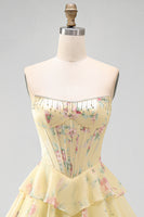 Load image into Gallery viewer, Yellow A Line Floral Strapless Corset Short Fringed Birthday Party Dress with Ruffles