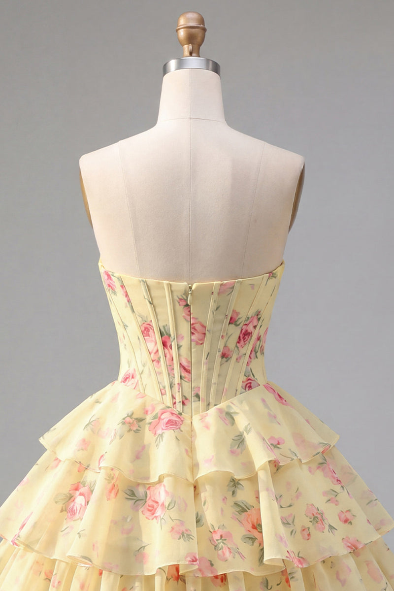 Load image into Gallery viewer, Yellow A Line Floral Strapless Corset Short Fringed Birthday Party Dress with Ruffles