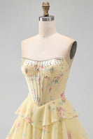 Load image into Gallery viewer, Yellow A Line Floral Strapless Corset Short Fringed Birthday Party Dress with Ruffles