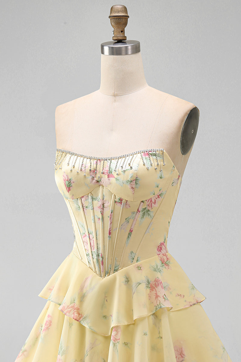 Load image into Gallery viewer, Yellow A Line Floral Strapless Corset Short Fringed Birthday Party Dress with Ruffles