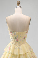 Load image into Gallery viewer, Yellow A Line Floral Strapless Corset Short Fringed Birthday Party Dress with Ruffles