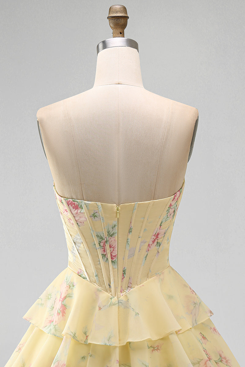 Load image into Gallery viewer, Yellow A Line Floral Strapless Corset Short Fringed Birthday Party Dress with Ruffles