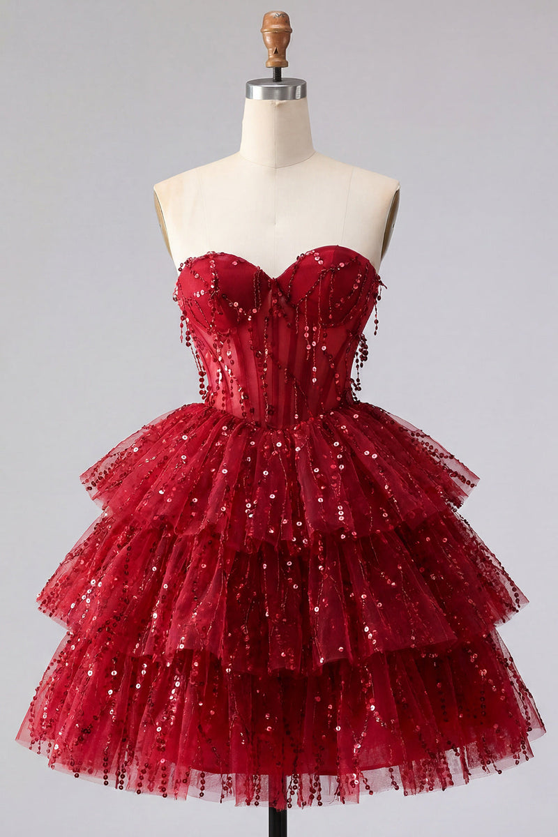 Load image into Gallery viewer, A Line Sparkly Burgundy Beaded Short Strapless Corset Birthday Party Dress