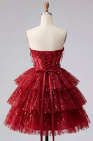 Load image into Gallery viewer, A Line Sparkly Burgundy Beaded Short Strapless Corset Birthday Party Dress