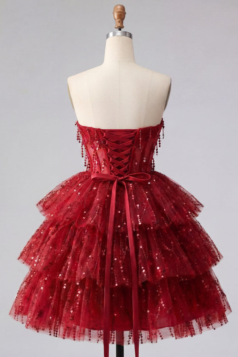 Load image into Gallery viewer, A Line Sparkly Burgundy Beaded Short Strapless Corset Birthday Party Dress