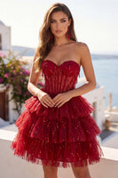 Load image into Gallery viewer, A Line Sparkly Burgundy Beaded Short Strapless Corset Birthday Party Dress