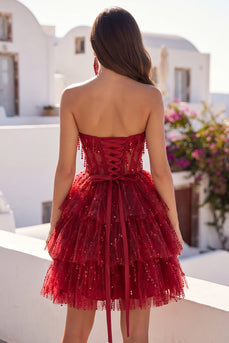 A Line Sparkly Burgundy Beaded Short Strapless Corset Birthday Party Dress