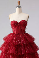 Load image into Gallery viewer, A Line Sparkly Burgundy Beaded Short Strapless Corset Birthday Party Dress