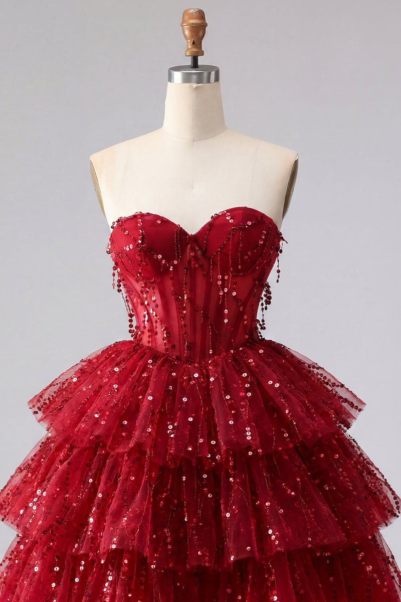 Load image into Gallery viewer, A Line Sparkly Burgundy Beaded Short Strapless Corset Birthday Party Dress